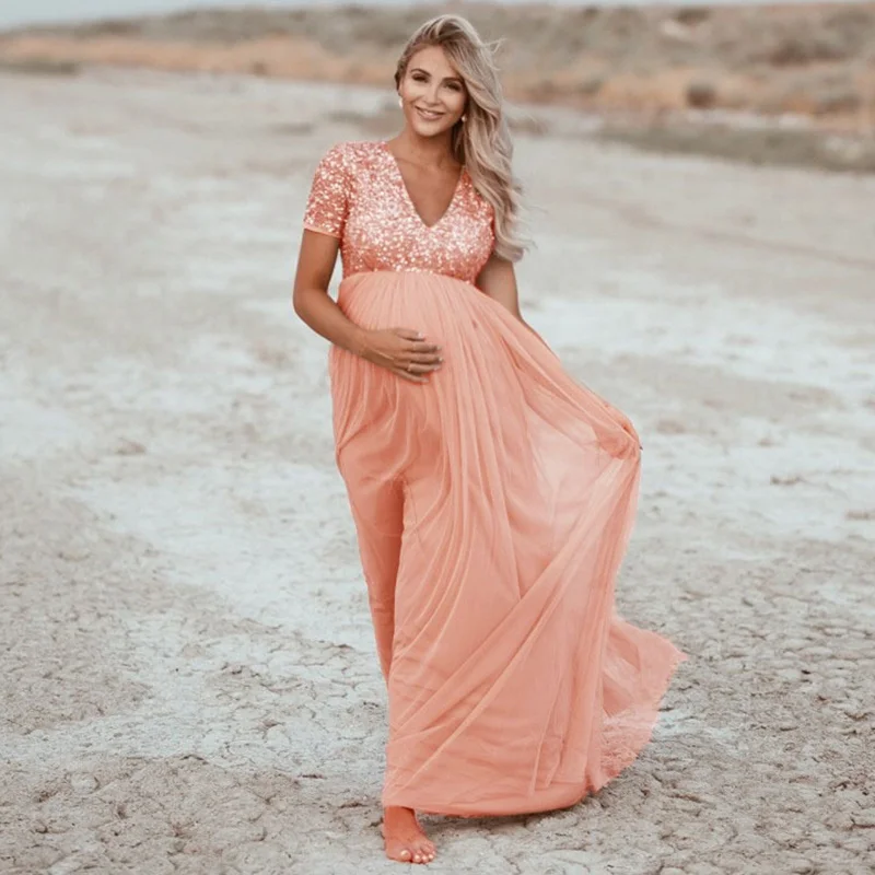 

Elegance Maternity Dresses For Photo Shoot S-XL Women Pregnant Sequins Tulle Dresses Photography Props Pregnancy Maternity Gown