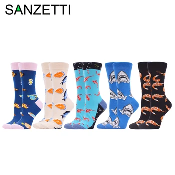 

SANZETTI 5 Pair 2020 Spring Women Socks Interest Casual Creative Happy Tropical Fish Shark Fashion Ladies Combed Cotton Socks