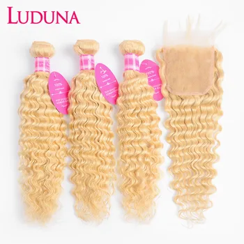 

Luduna 613 Blonde Bundles With Closure Deep Wave Bundles With Frontal Remy 4x4 Human Hair 150% Density For Black Woman