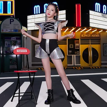 

Hip Hop Dance Costumes Kids Silver Jazz Performance Clothing Girls Street Dance Practice Clothes Stage Rave Outfit 2 Pcs DC2969