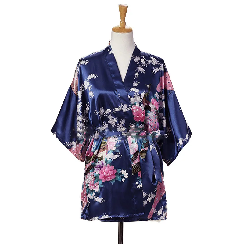 На шнуровке, женское японское кимоно с принтом павлина, юката, шелковый атлас, короткая стильная Пижама, домашняя ночная рубашка, банный халат, костюм, Япония - Цвет: Color3
