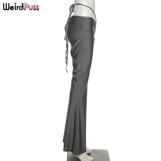 Weird Puss Y2K Low Waist Flare Pants Women Drawstring Ruched Long Trousers  Elastic Casual Streetwear Fashion Bandage Bottoms