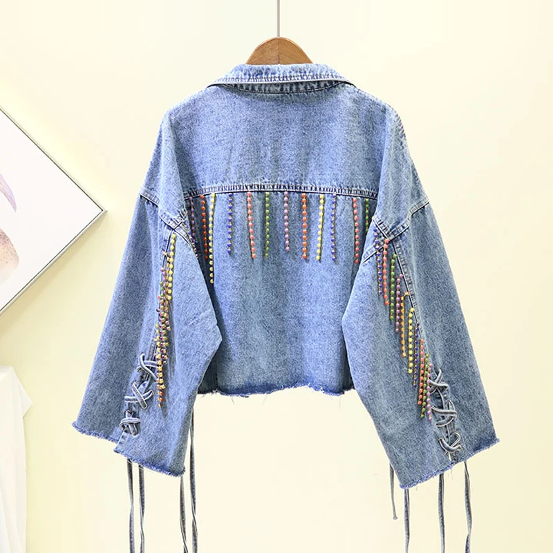 

[EWQ]Beaded Fringed Loose Tie Long Sleeve Jacket Top 2019 Autumn New Denim Jacket Women Vintage Korean Trend Coat Feminino QK634