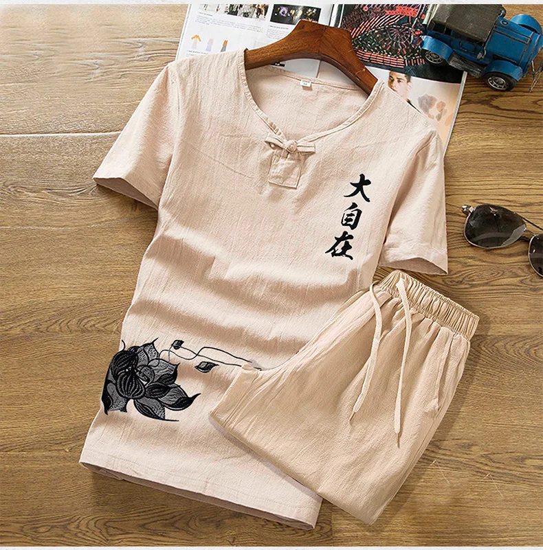 Short-sleeved T-shirt Men V-neck Suit VogueShorts Clothes Summer Clothing Set Button Summer Print Linen Set M-5XL