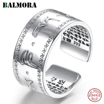 

BALMORA Real 990 Silver Jewelry Buddhism Sutra Open Stacking Rings for Women Men Gift Vintage Statement Punk Fashion Jewelry