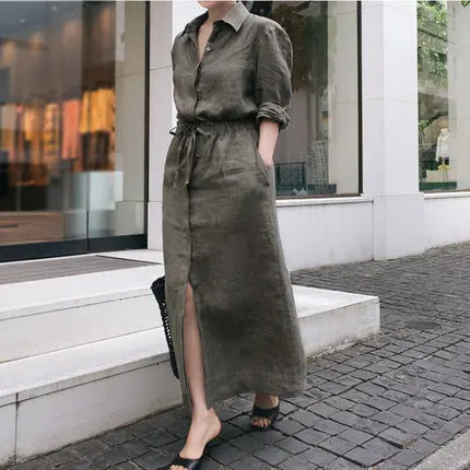 SuperAen Long-sleeved New Cotton and Linen Shirt Dress Female Autumn Korean Style Women Dress Drawstring Women Clothing