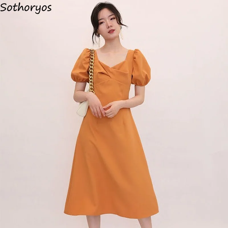 Short Sleeve Dress Women Solid Puff Sleeves Midcalf Length Vneck