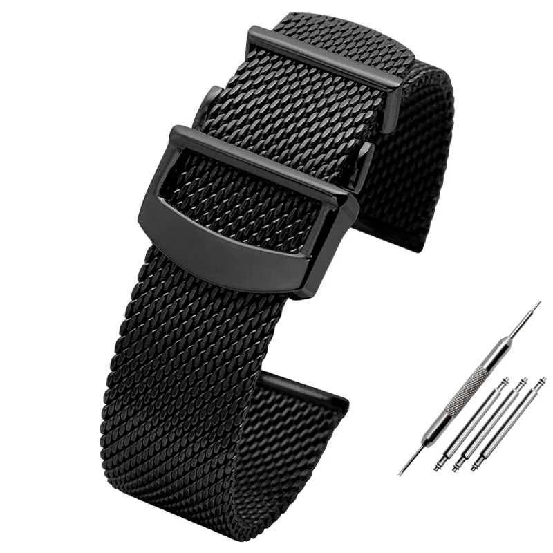 High quality 316L stainless steel mesh bracelet 20mm 22mm watchband fold buckle solid metal band steel strap rose gold color - Цвет ремешка: Черный