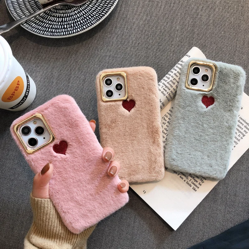 Ins love heart вышивка плюшевый чехол для телефона для iphone 11 11Pro Max XS Max XR XS пушистый меховой чехол для iphone 7 8 Plus capa