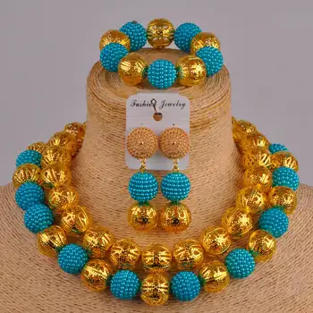 

turquoise and gold african wedding beads jewelry set costume necklace african set simulated pearl nigerian jewellry sets ZZ16