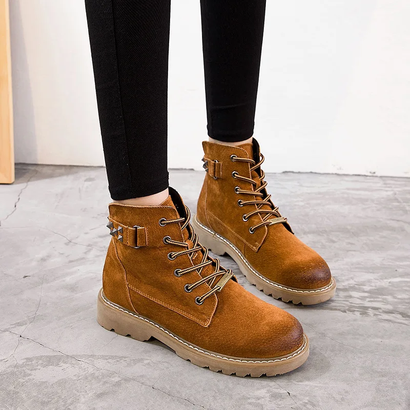 

Ankle Round Toe Low Women Boots Solid Fashion Punk Motorcycle Boots Concise Retro Lace Up Shoes