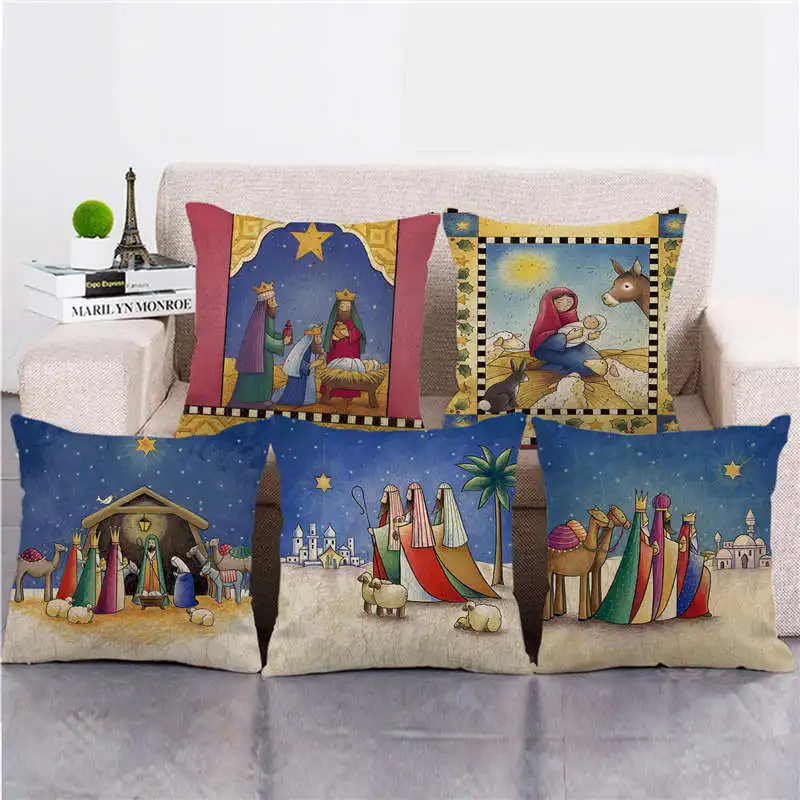 

45cm*45cm Cartoon Christian Fresco Birth of The Son Linen/Cotton Throw Pillow Covers Couch Cushion Cover Home Decor Pillowcase