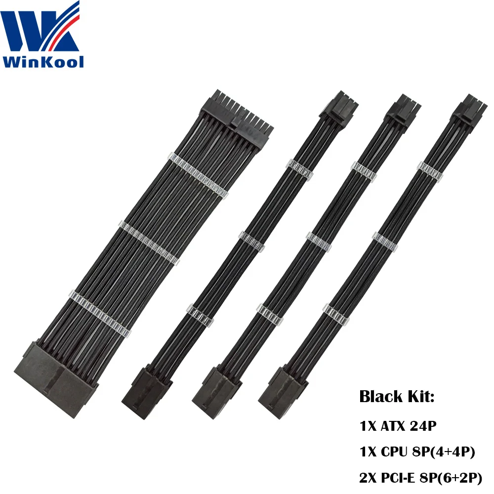 Psu extension cable WinKool female to male 18AWG sleeved PSU extension power cord cable kits 1X ATX 24P CPU 8Pin 2X PCI-E 8P