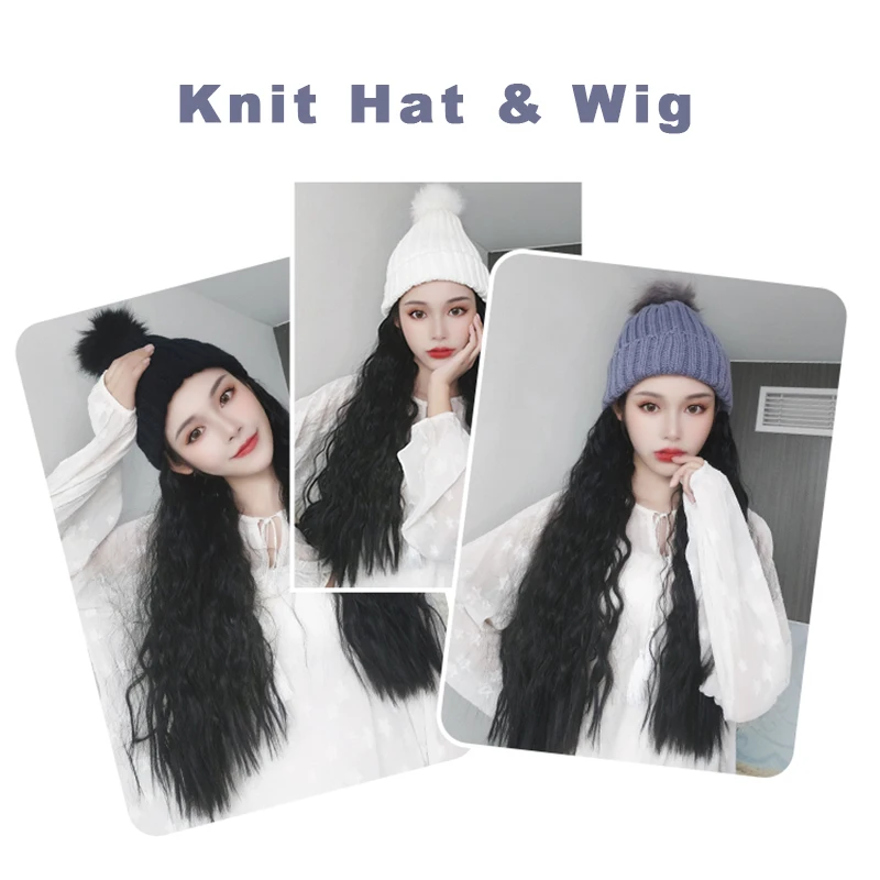 Новая мода Черный Белый Синий Зимняя вязаная шапка с 4 цветами синтетические волосы Удлинение Длинные накладные волосы парик кепка для женщин парики для женщин