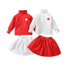 

Children's Cothing Suit Little Girl Winter High-Neck Love Printing Long-Sleeved Top + Short Pleated Skirt Two-Piece Solid Color