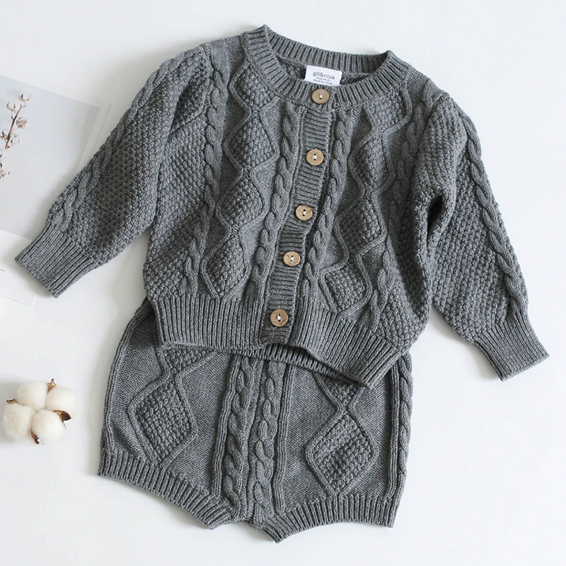 Kids Clothing Set Toddler Girls Boys Autumn Winter Knit Sweater Cardigan + Shorts