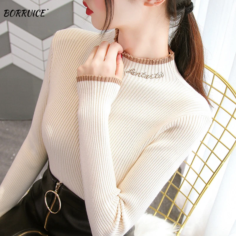 

Womens Sweaters Autumn and Winter Fashion Women's Sweater High ElasticTurtleneck Sweater Female Slim Letter Long Sleeve Pullover