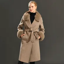 Women's Wool Coat Spring Real Fox Fur Collar Woolen Jacket Adjustable Waist Slim Ladies Long Overcoat