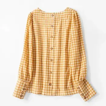 

2020 Early Spring New Elegant Back Button Long Sleeve Cotton Yellow Round Neck Check Shirt