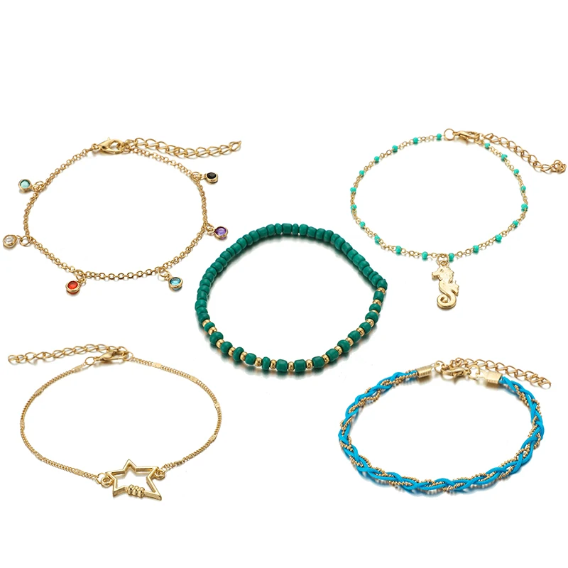 Tocona 5 шт./компл. Boho красочные бисерные женские браслеты для щиколотки Seahorse полые звезды веревки ножной браслет пляжные украшения 8633 - Окраска металла: 8633