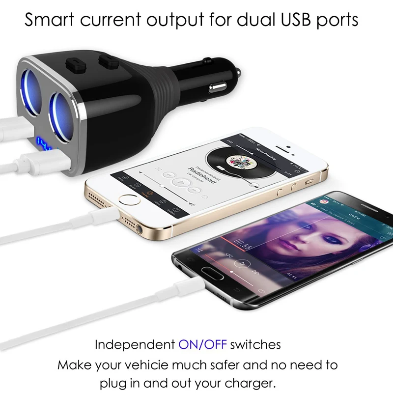 Car Charger 2-Socket Cigarette Lighter Adapter Socket Splitter Separate Switch 12/24V 80W with LED Battery Voltage Display Dual