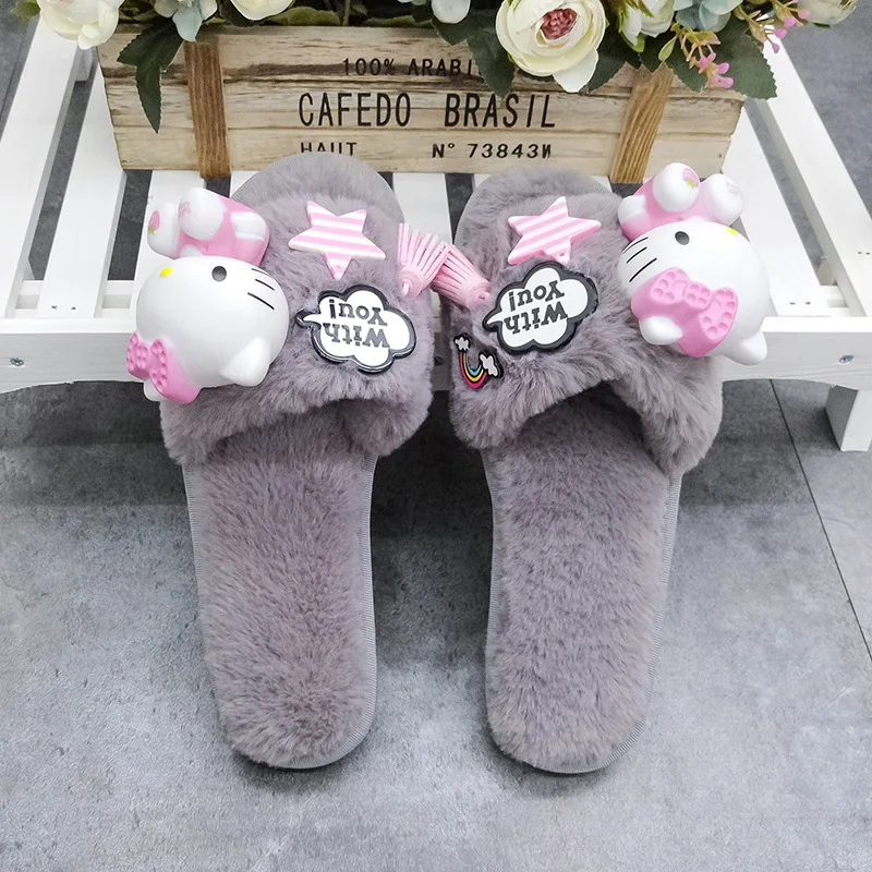 as the picture shows Winter Home Slippers Women Fur Plush Sandals Hello Kitty Woman Indoor Slippers House Shoes Socofy Platform Shoes Potato Slippers - Цвет: as the picture shows