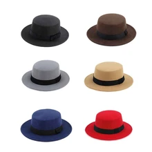 New Fashion Wool Pork Pie Boater Flat Top Hat For Women's Men's Felt Wide Brim Gambler Hat