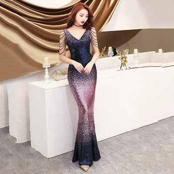 

Sexy Women Slim Qipao Elegant Fishtail Evening Party Gown Novelty Sequins Maxi Dress Summer New Sleeveless Robe De Soiree