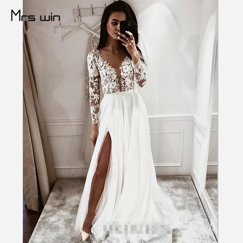 

Mrs win Wedding Dress V-neck Long Sleeve Wedding Dresses Hollow Lace Vestido De Noiva Plus Size Split Hems Bridal Gowns HR032