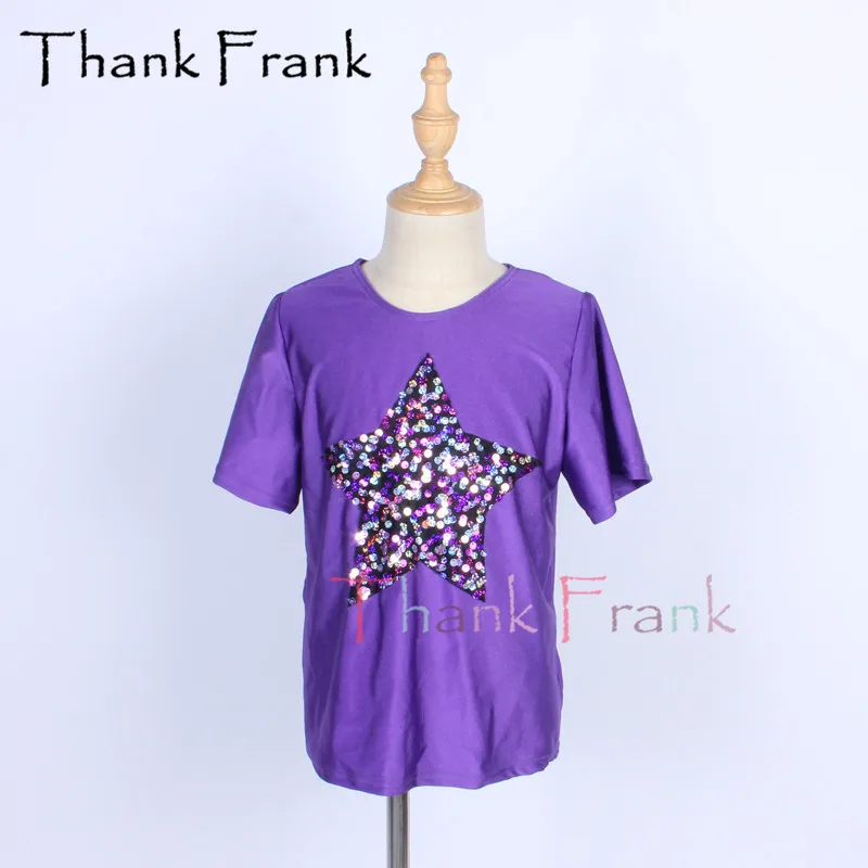 

New Boys Purple Dance Top Kids Adult Short Sleeve Jazz Contemporary Costumes Men Children Shiny Sequin T-Shirt For Dancing C792