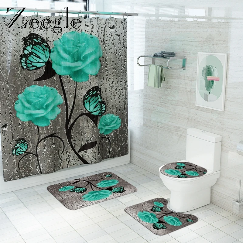 Butterfly Floral Printed Bath Mat and Shower Curtain Set Absorbent Bathroom Floor Mat Non-Slip Toilet Carpet Shower Rug Foot Mat