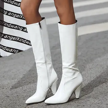 

2020 Fashion Knee High Boots Women Boots Pu Leather Spike Heels Long Boots Pointed Toe Zipper Autumn Winter Ladies Shoes