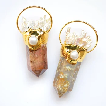 

Nature Big size coral fossils stone with pearl gold electroplated edges for jewelry making