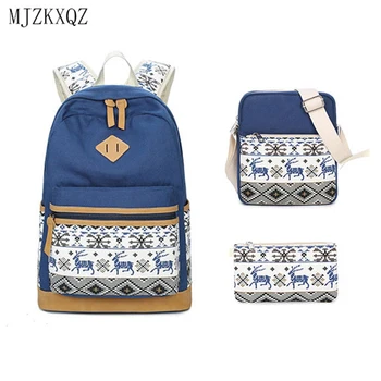 

Mjzkxqz Fashion 3Pcs/Set Vintage Canvas School Bags For Girls Pen Pencil Bag Set Bookbag Deer Animal Print Girl School Backpack