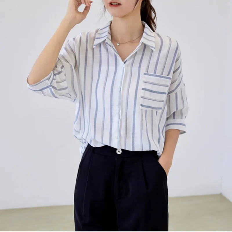 

Summer Clothes For Women Pockets Streiped Shirt Casual All-Match Five Point Sleeve Office Lady Loose Blouse Femme Blue In Stock