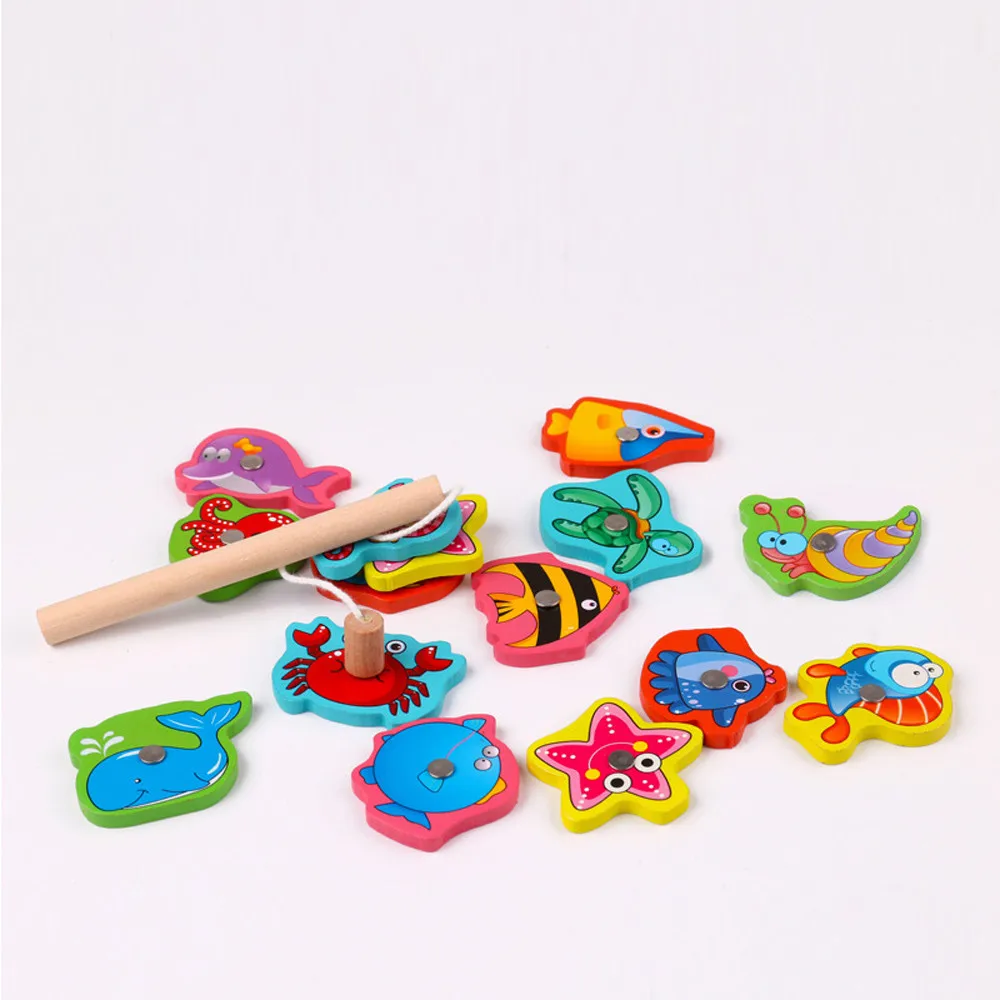 15 pieces of wooden fish magnetic fishing toy set fish game educational fishing toy fun fishing game kids outdoor boy girl gift
