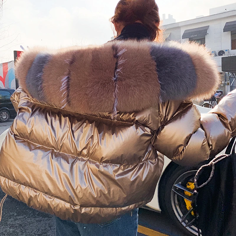 

Women Double Sided Silver Golden Duck Down Coat Winter Large fox Real Fur Collar Waterproof Jacket Hooded Snow Outerwear YRF59