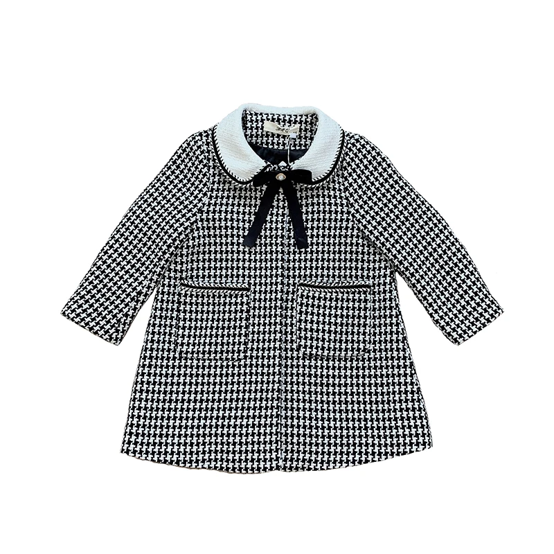 

DFXD 2020 Winter Kids Girl Overcoat New Arrival Fashion Long Bow Houndstooth Wool Coat Single Breasted Elegant Outwear 2-8Year