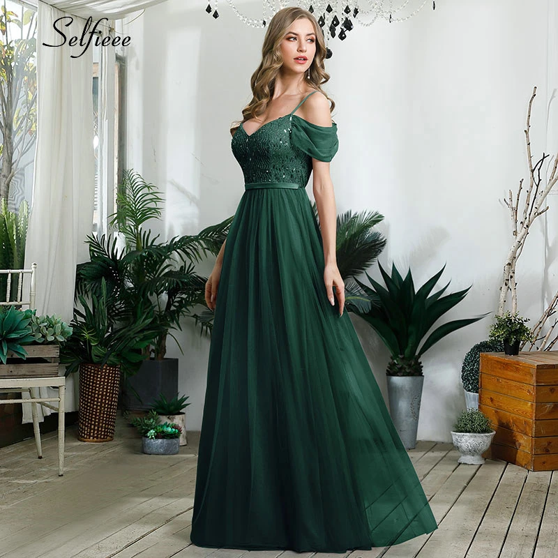 Elegant Laides Party Dress A-Line V-Neck Spaghetti Straps Sequined Short Sleeve Maxi Women Dress Sparkle Formal Gown Robe Femme