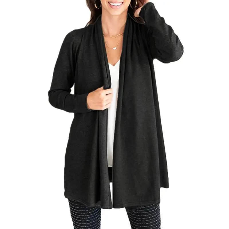 

Womens Autumn Long Sleeve Open Front Sweater Cardigan Solid Color Casual Loose Knitted Pleated Drape Midi Long Tops Coat