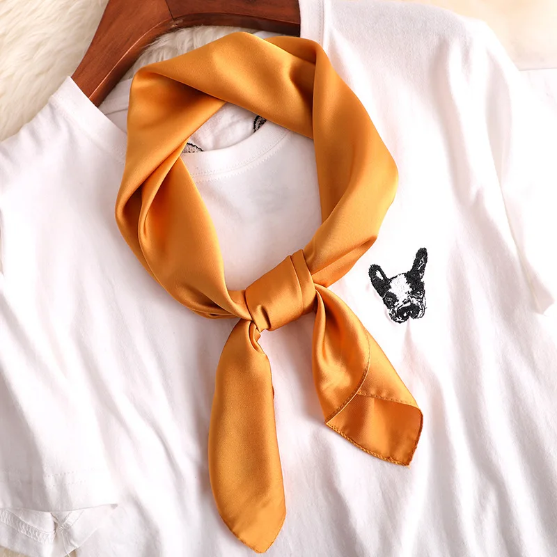 Luxury Solid Silk Scarf Women Neck Shawls Square Foulard Head Kerchief Hair Accessories Band Lady Retro Scarves Bandana - Цвет: Orange