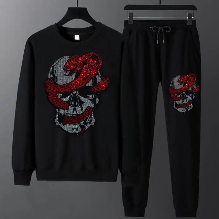 

New Men Set Fashion Brand Tracksuit Diamond stoneThick Sweatshirt + Pants Sportswear Suit Male Winter Warm Outerwear Suit