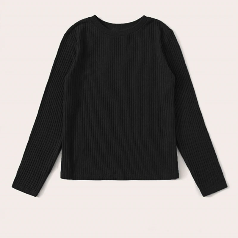 SHEIN однотонная трикотажная Повседневная футболка с круглым вырезом в рубчик, женские футболки, Осенние офисные женские футболки с длинным рукавом, базовая форма