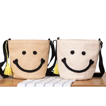 

2020 Summer Smile Straw Beach Bags Women Crossbody Bags Lady Travel Purses Handbags Female Shoulder Messenger Bucket Bag