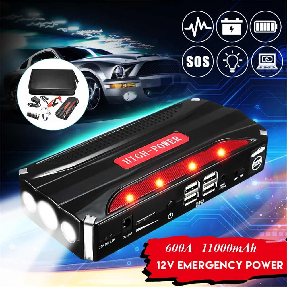 

11000mAh Car Jump Starter 4USB Multi-Function Powerbank Battery Booster Pack for 12V 4.0L Petrol 2.5L Diesel Engine