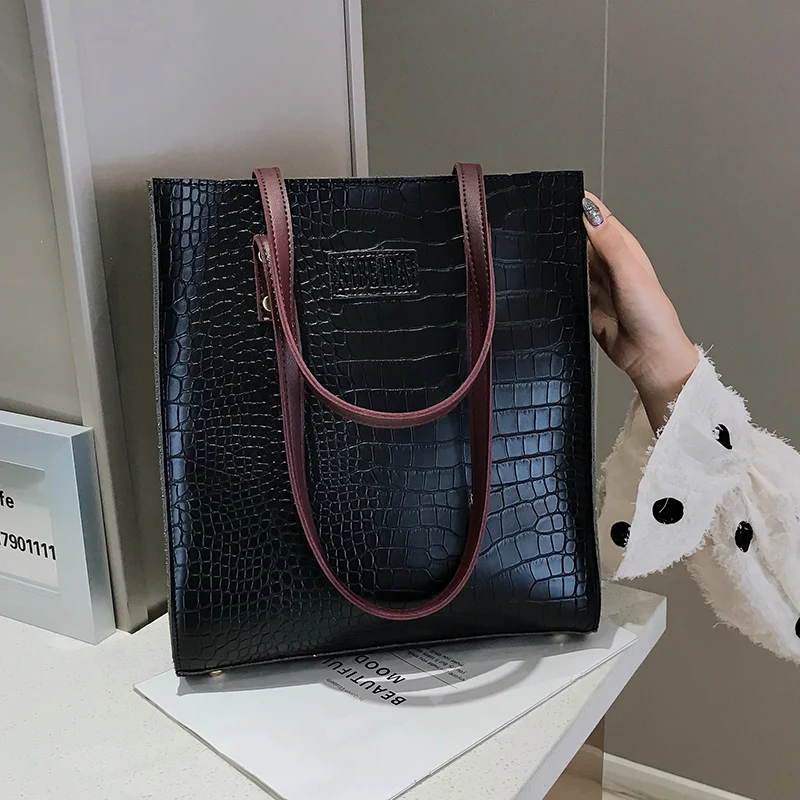 

Black Women Shoulder Bags Female Shopping Hand Bag Croco Bolsas Feminina Oil Wax Leather Large Totes Messenger Lady Shopper Bags