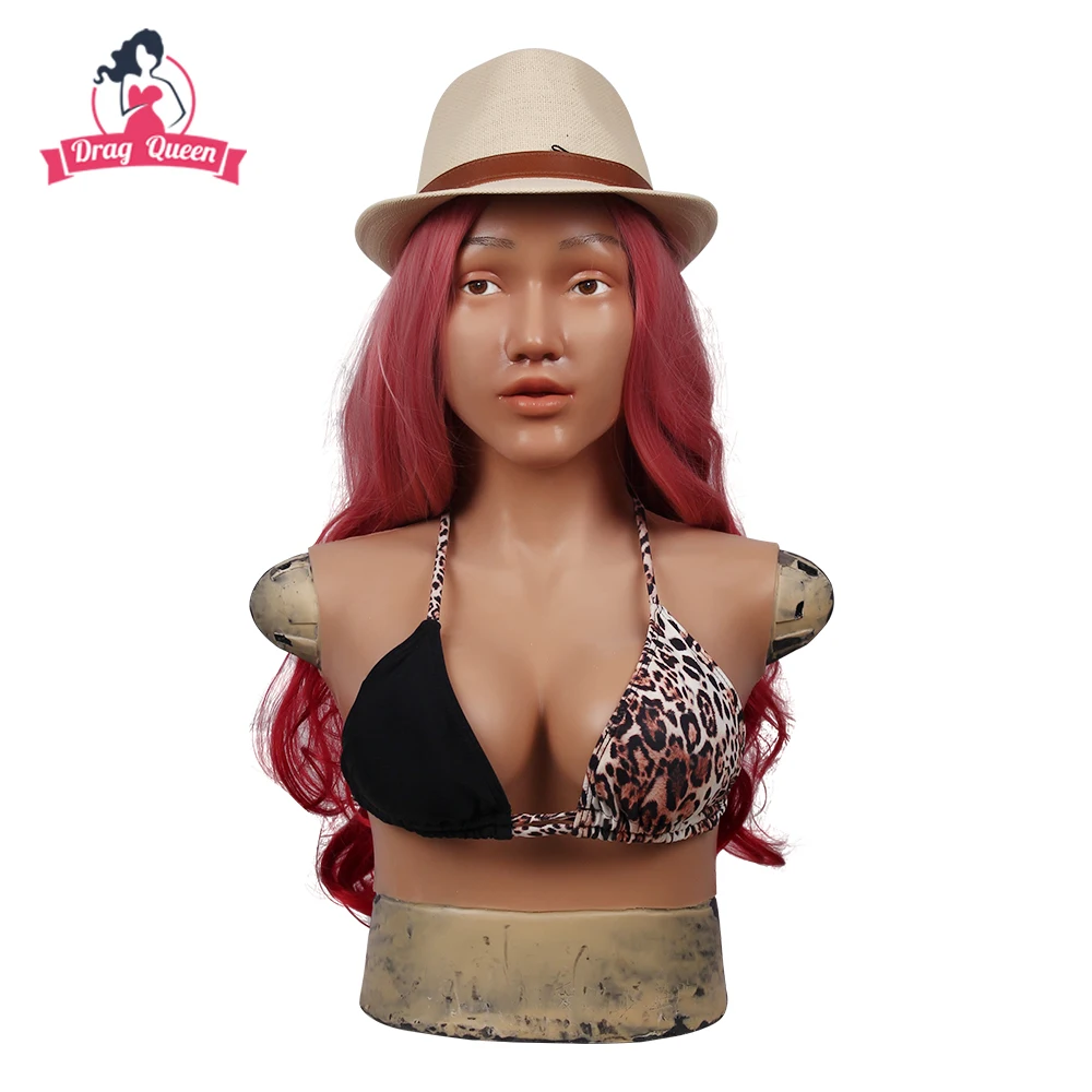 

New Artificial Realistic Female Face Mask With Boobs Disguise Fancy Crossdresser Silicone Mask For Male Halloween Party Decor
