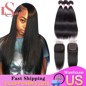 

LS HAIR Brazilian Hair Straight 3 Bundles With Closure Human Hair short Bundles With Lace Closure Remy Human Hair Extension