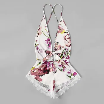 

2019 Sexy Lace Satin Bodysuits Print Seamless Floral Bow Backless Bodysuit Teddy Lingerie Sleepwear Soft Teddies Body Stocking