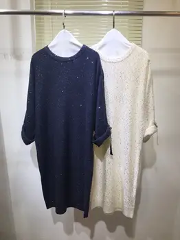 

Knitting Long Sweater Women Pullovers New Fashion Sequins Cashmere White / Dark Blue Autumn 2020 Elegant Sweater